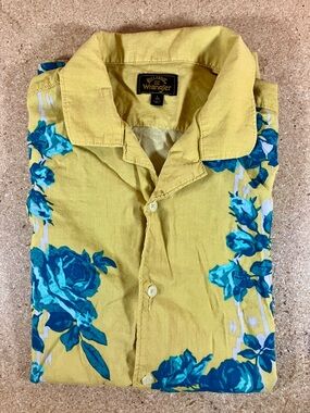 Billabong x Wrangler Shirt Mens Large Yellow Blue Hawaiian Floral Button Up